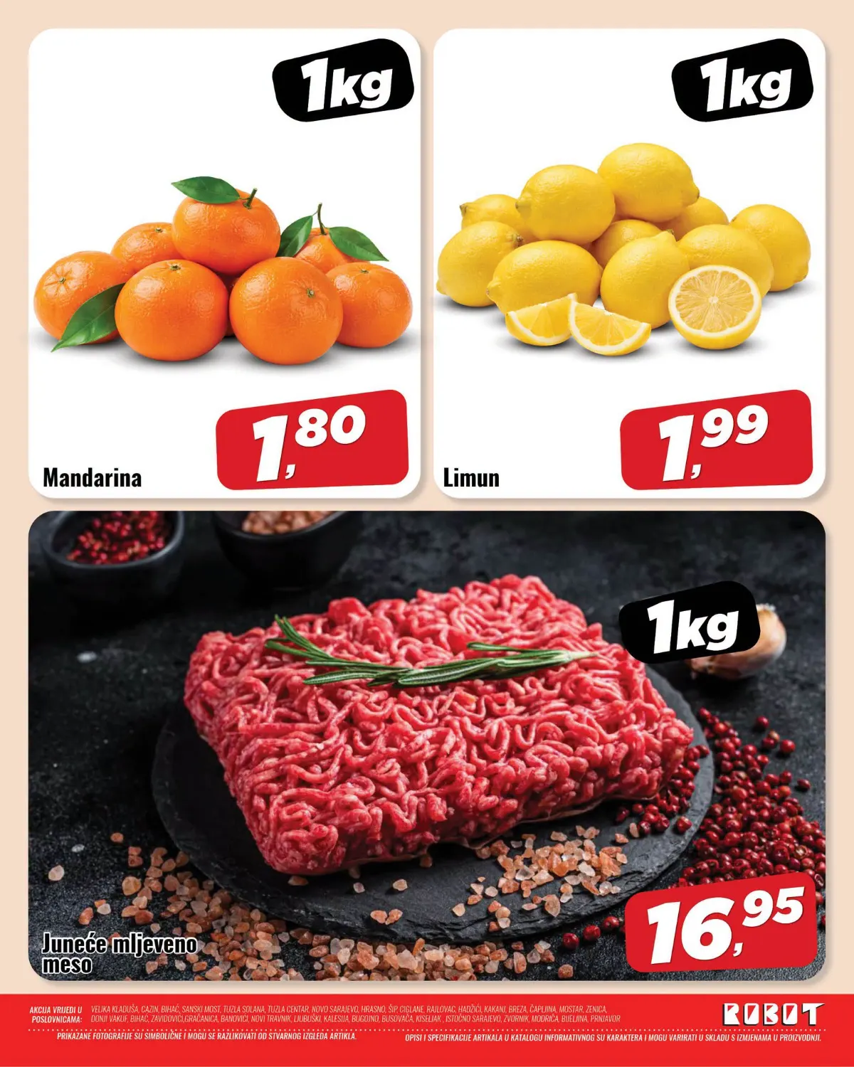 ROBOT akcija, stranica 2 – mandarine 1,80 KM/kg, limun 1,99 KM/kg i juneće mljeveno meso 16,95 KM/kg
