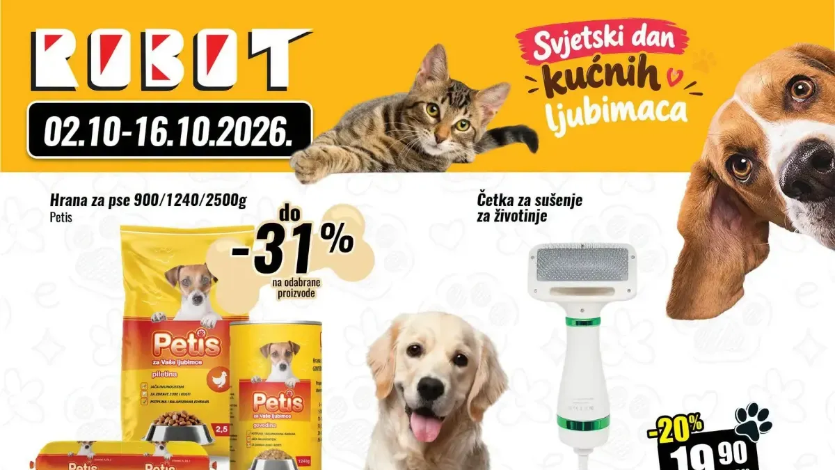 ROBOT akcija za kućne ljubimce od 02. do 16.10.2026. – hrana za pse i mačke te oprema uz popuste do 42%
