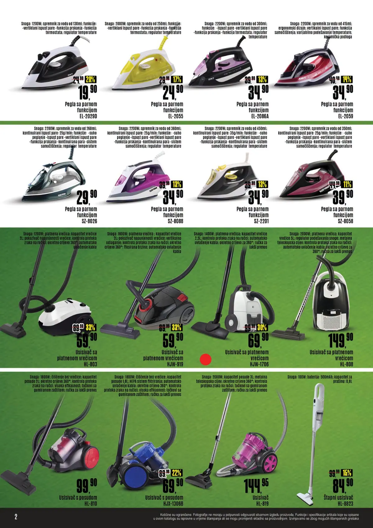 ROBOT katalog, stranica 2 – pegle na paru, usisivači s vrećicom i posudom te štapni usisivač