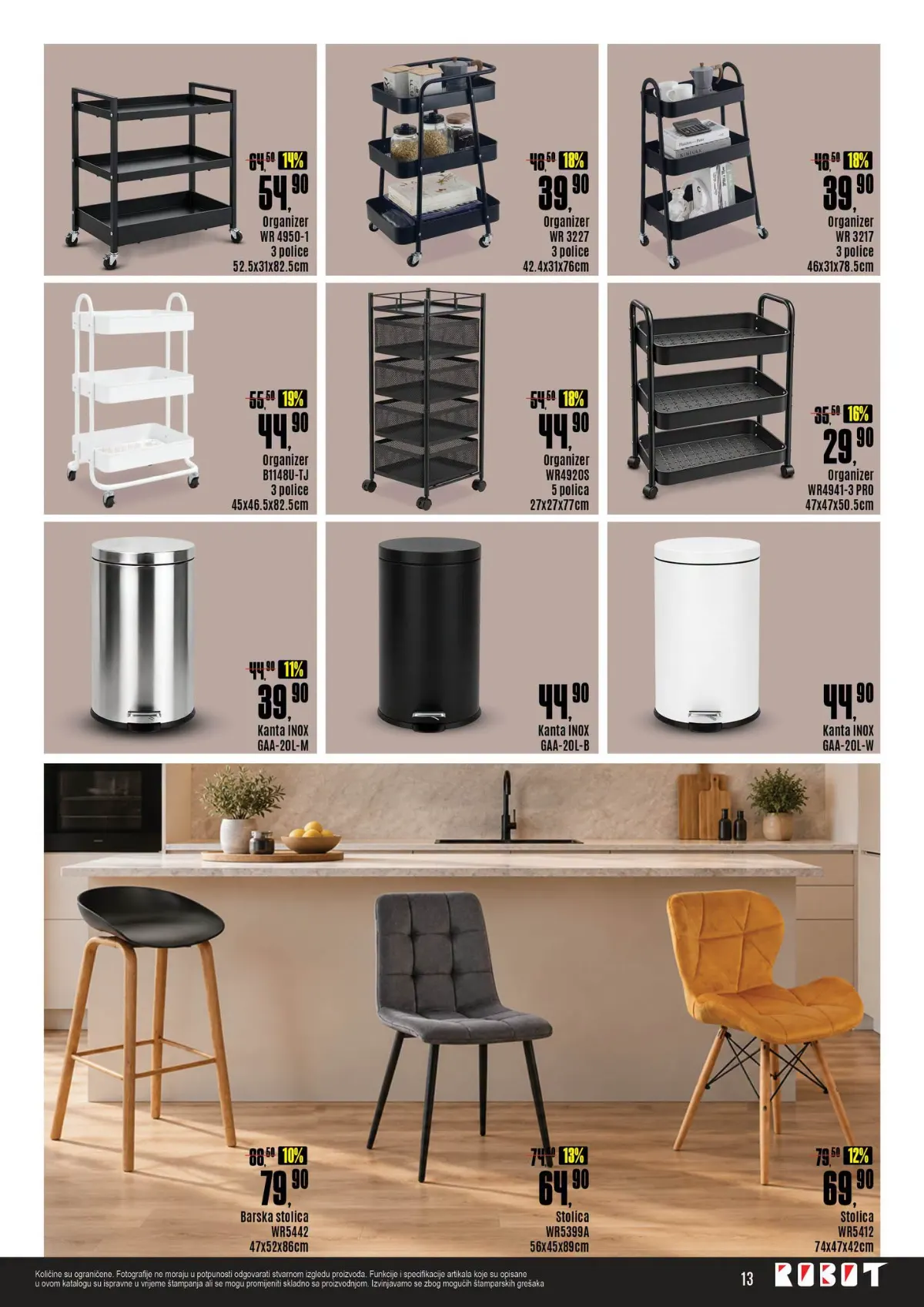 ROBOT katalog, stranica 13 – organizatori na točkićima, inox kante, barska stolica i stolice