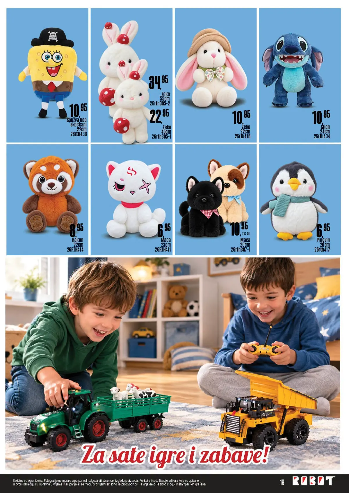 ROBOT katalog, stranica 19 – plišani Spužva Bob, Stitch, zeko, rakun, maca i pingvin