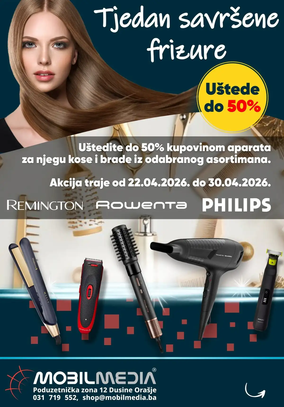 Mobilmedia akcija do 50% aparati za kosu i bradu Remington Rowenta Philips BiH do 30.04.2026