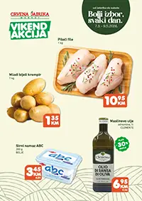 Crvena jabuka vikend akcija pileÄi file ABC namaz i maslinovo ulje do 09.05.2026 Crvena jabuka vikend akcija pileÄi file 10,95 KM mladi krompir 1,35 KM ABC namaz 3,45 KM i maslinovo ulje 6,95 KM do 09.05.2026