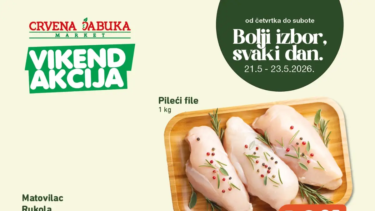 Crvena Jabuka vikend akcija 21-23.05.2026 – pileći file 10,95 KM, Nutella 750 g 10,95 KM, Fanta 2 L 2,45 KM i salata mix 1,95 KM