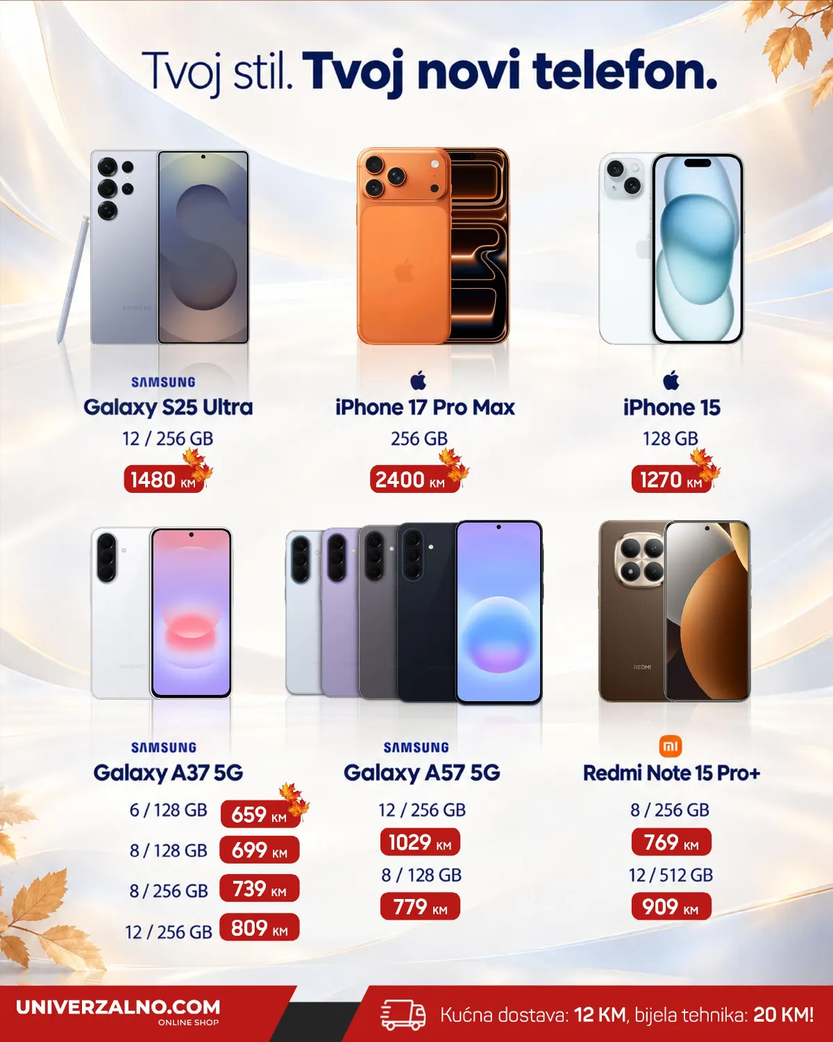 Univerzalno.com oktobarski katalog 2026, stranica 3 – Samsung Galaxy S25 Ultra, iPhone 17 Pro Max, iPhone 15 i Redmi mobiteli
