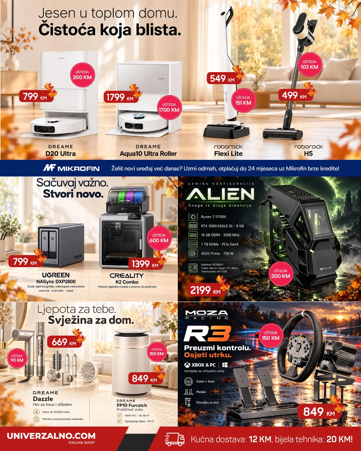 Univerzalno.com oktobarski katalog 2026, stranica 9 – Dreame i Roborock usisivači, Ugreen NAS, Creality 3D printer, gaming računar i Moza R3