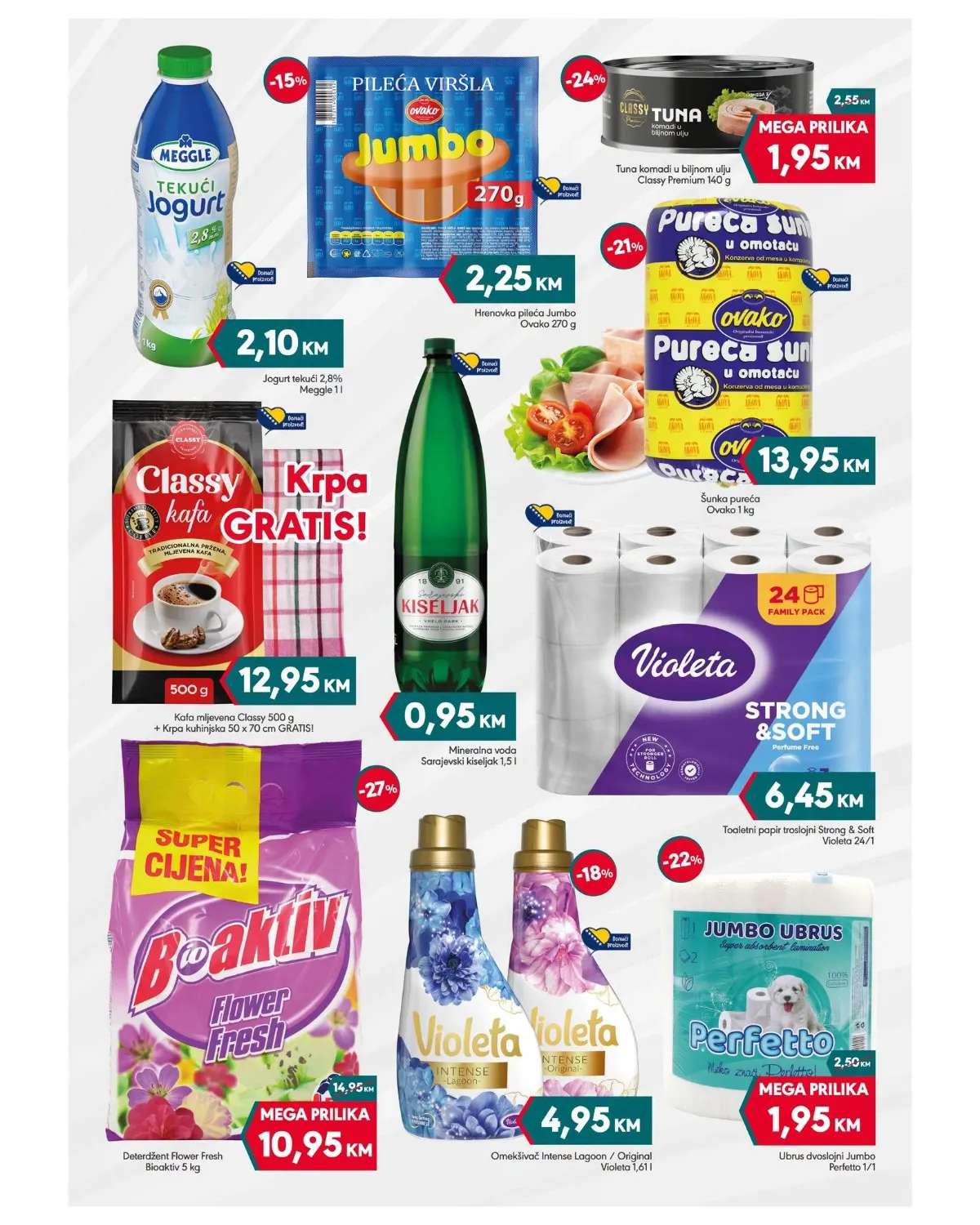 Druga strana Mega Diskont vikend akcije do 30.08.2026. – jogurt, viršle, tuna, kafa, deterdžent i papirna galanterija